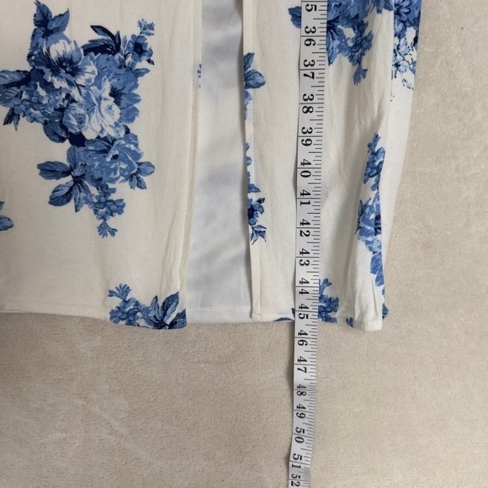 Linen Blend Blue Floral Puff Sleeve Midi Dress Cottagecore Milkmaid Garden Party - Picture 3 of 8